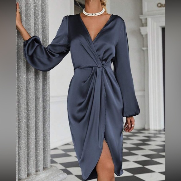 Luxe lantern sleeve wrap hem dress - Picture 15 of 16
